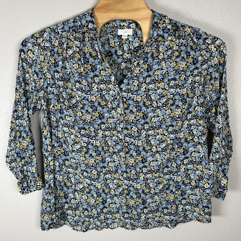 J Jill Floral Cottagecore Relaxed Fit Flowy Blouse Womens XLPetite Blue Yellow